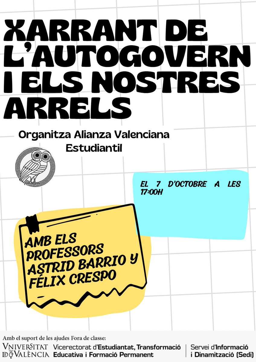 alianza_uv's tweet photo. 📢 ¡El 7 de octubre nos vemos!
🗣️ A las 17:00 h tendrá lugar una charla con los profesores Astrid Barrio y Fèlix Crespo sobre “L’autogovern i els nostres arrels”.
✊ Organiza: Aliança Valenciana Estudiantil
¡Os esperamos!
#UV #AlianzaValencianaEstudiantil https://t.co/X46nHjmDok