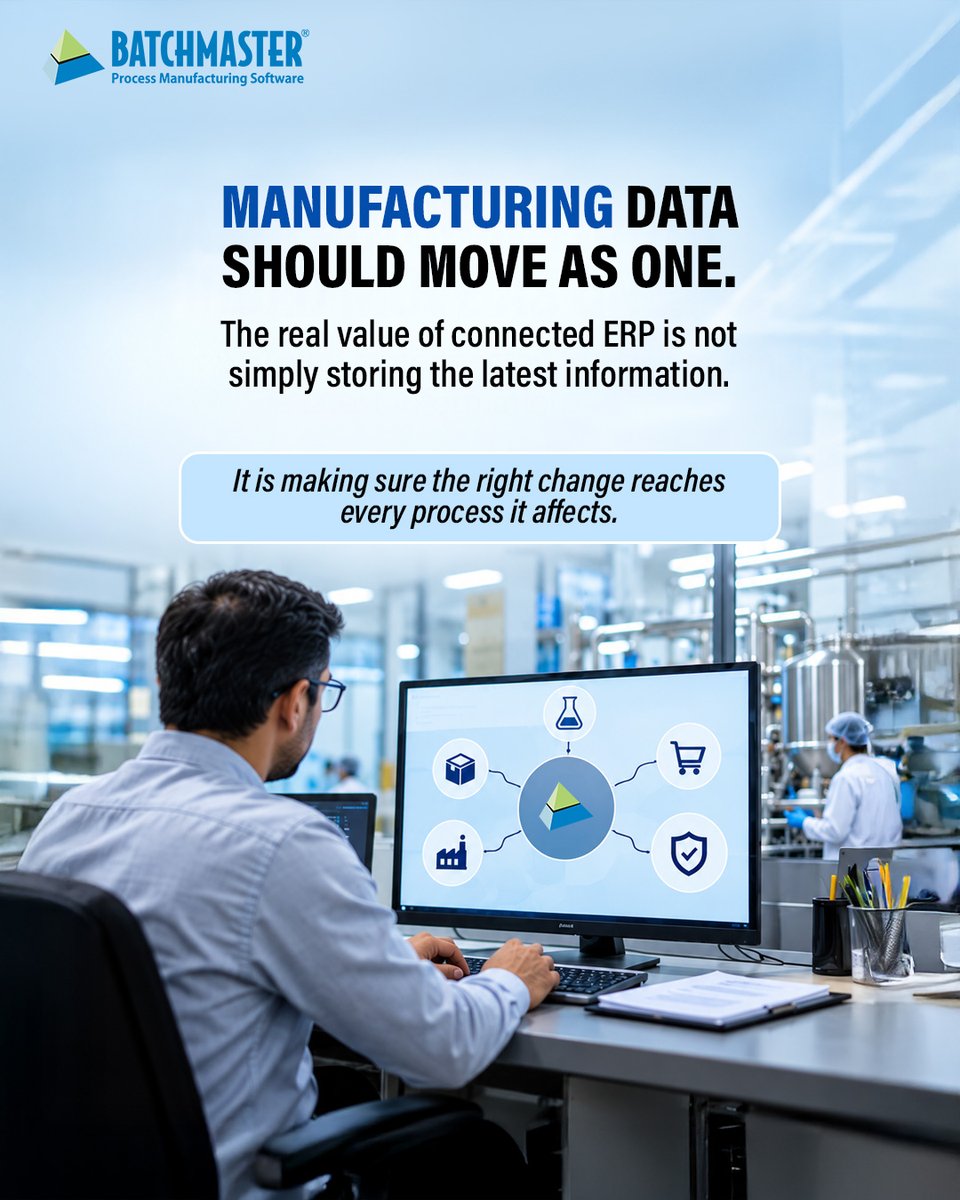 BatchMasterInd's tweet photo. A formulation change rarely stays within R&amp;D.
A single change can affect material requirements, inventory, procurement, production, yield, quality and batch cost.
Connected manufacturing data helps every affected process stay aligned.
Explore BatchMaster ERP.

#erp #erpsystems https://t.co/jI3kcX3A9n