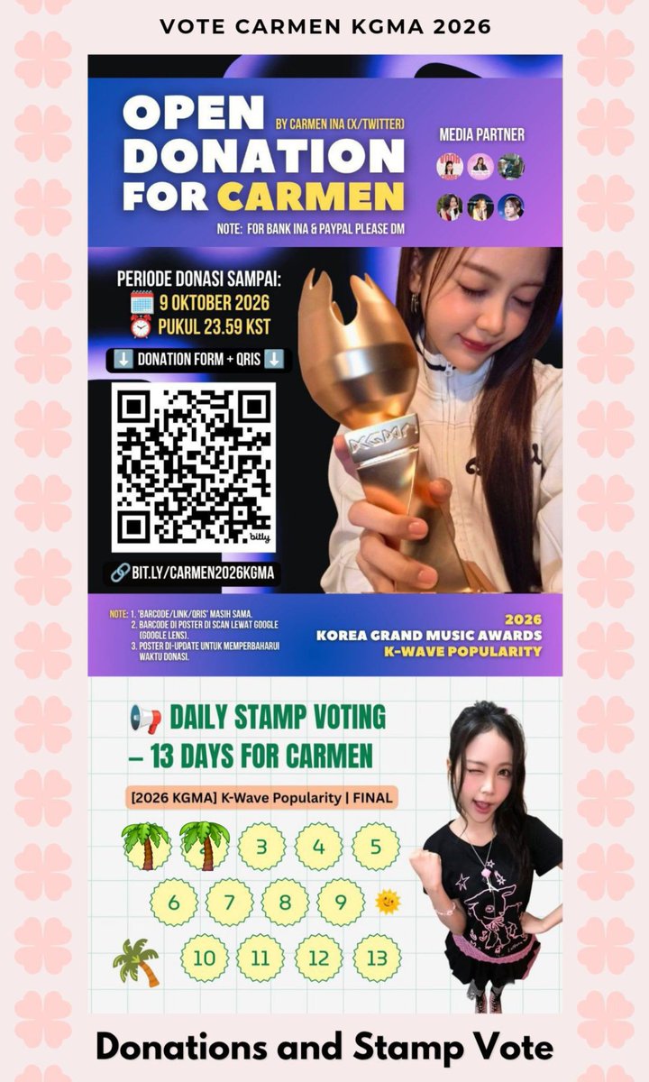 2728Crmn's tweet photo. Hari ini carmen turun jadi nomer 2,kita harus banyak promosi... Jika hari ini kalian sudah post, kalian bisa ikutan post ulang  mulai jam 6 nanti untukku meramaikan, tidak ada batas vote atau donasi.. Yuk kita lebih keras lagi supaya carmen bisa menang 
#DukungCarmen2026KGMA https://t.co/RpbbONpqwm