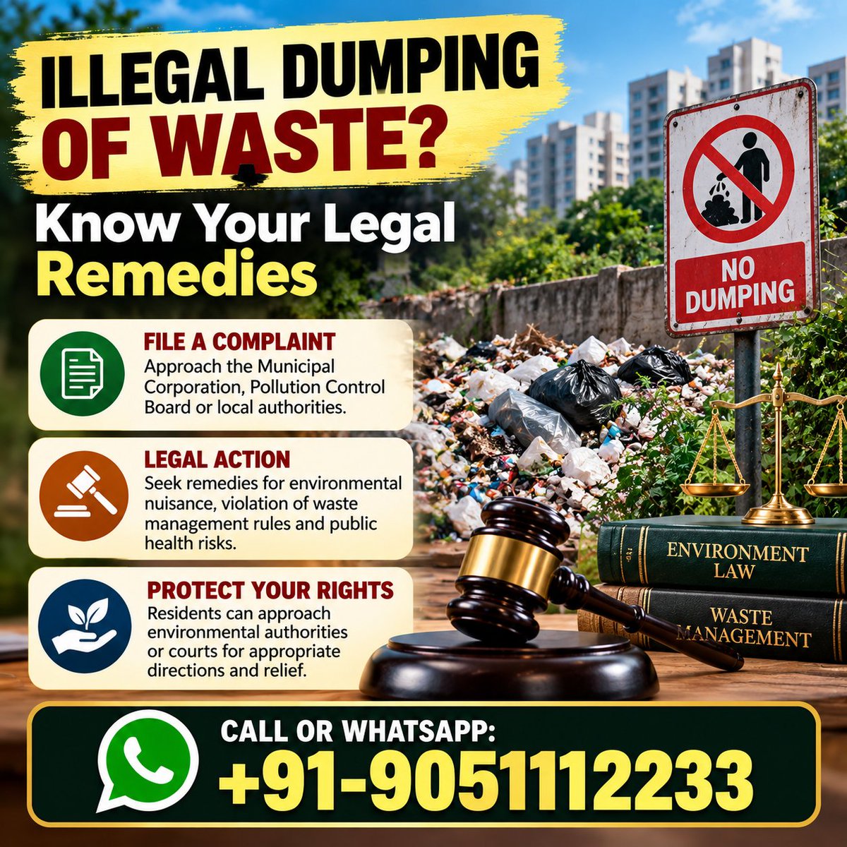 drakmphd's tweet photo. What legal remedies are available against illegal dumping of waste near residential areas? 
Call or WhatsApp: +91-9051112233  
#EnvironmentalLaw #WasteManagement #LegalRemedy https://t.co/sFAAzl0lNx
