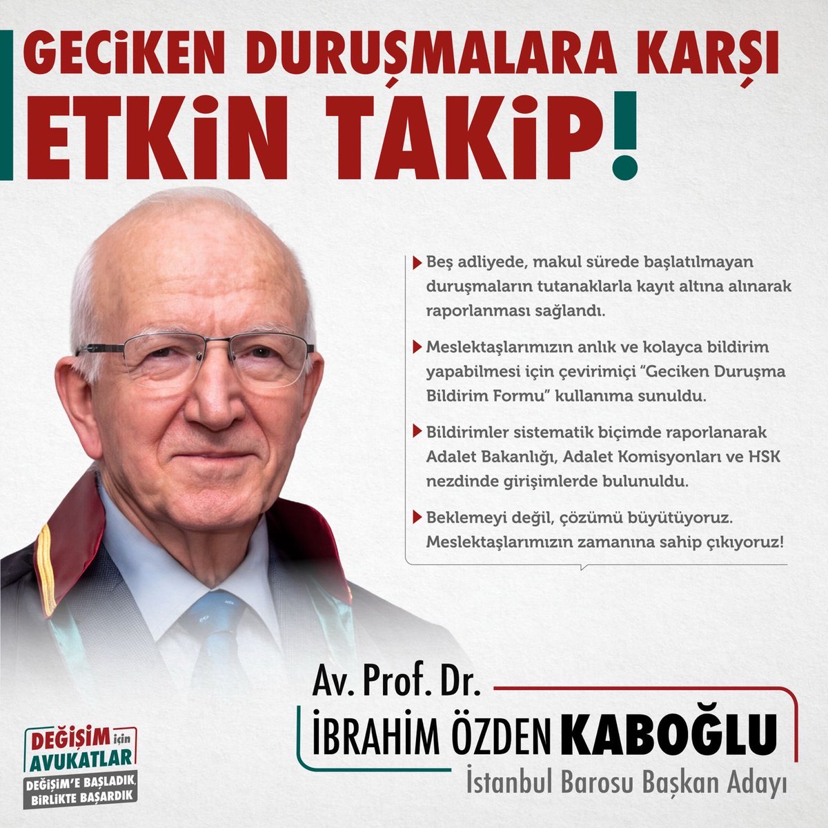 degisim_avukat's tweet photo. GECİKEN DURUŞMALARA KARŞI ETKİN TAKİP!  
 
🟥 Beş adliyede, makul sürede başlatılmayan duruşmaların tutanaklarla kayıt altına alınarak raporlanması sağlandı.  
 
🟩 Meslektaşlarımızın anlık ve kolayca bildirim yapabilmesi için çevrimiçi "Geciken Duruşma Bildirim Formu" kullanıma sunuldu.  
 
🟥 Bildirimler sistematik biçimde raporlanarak Adalet Bakanlığı, Adalet Komisyonları ve HSK nezdinde girişimlerde bulunuldu.

🟩 Beklemeyi değil, çözümü büyütüyoruz.

🟥 Meslektaşlarımızın zamanına sahip çıkıyoruz!

Gönderilen ilk raporun tamamı için: https://t.co/J0ThlIeqFT

DEĞİŞİME BAŞLADIK, BİRLİKTE BAŞARDIK!

@ibrahimkaboglu