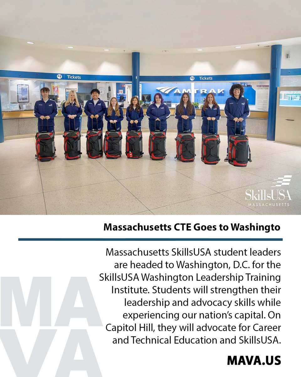 MAVAMassEdu's tweet photo. Massachusetts CTE student leaders are headed to Washington, D.C. 🇺🇸! #MAVA is proud to support Massachusetts #SkillsUSA students attending the @SkillsUSA Washington Leadership Training Institute.
During their time in the nation’s capital, students will build leadership and advocacy skills, experience historic sites, and bring the voice of #MassachusettsCTE to #CapitolHill as they advocate for Career and Technical Education and SkillsUSA.
MAVA is pleased to help make this experience possible for our state’s #student #leaders.
Safe travels, @maskillsusa!
#StudentLeadership #CTEAdvocacy