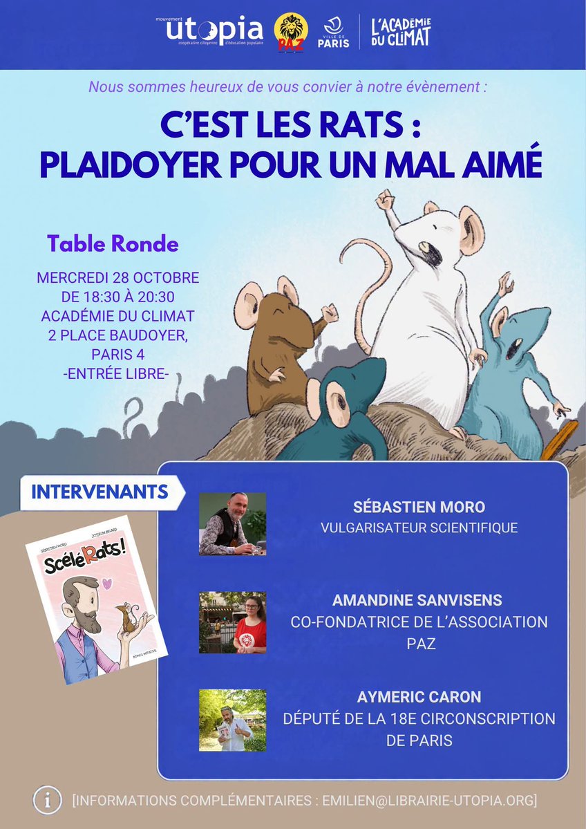 EmilienDeTours's tweet photo. 🐀 Et si les rats n’étaient pas nos ennemis ?
Rendez-vous le mercredi 28 octobre à l’Académie du Climat pour la table ronde : « C’est les rats, plaidoyer pour un mal aimé »
🎟️ Gratuit
📍 Paris 4e
👉 Infos : https://t.co/xcY4EVPlqB
#Rats #Cohabitation #Paris https://t.co/BvdBEEilD1