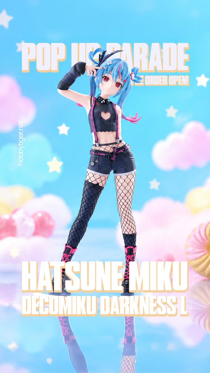 HobbyTigerJapan's tweet photo. Hatsune Miku’s DecoMiku Darkness design joins the POP UP PARADE L Size lineup as an impressive 220 mm figure, blending a colorful dreamlike setting with bold black-and-pink styling. Pre-orders are open at https://t.co/5YUm5B5F0F until October 28, 2026, with release scheduled for April 2027. 

https://t.co/knArEsHJah