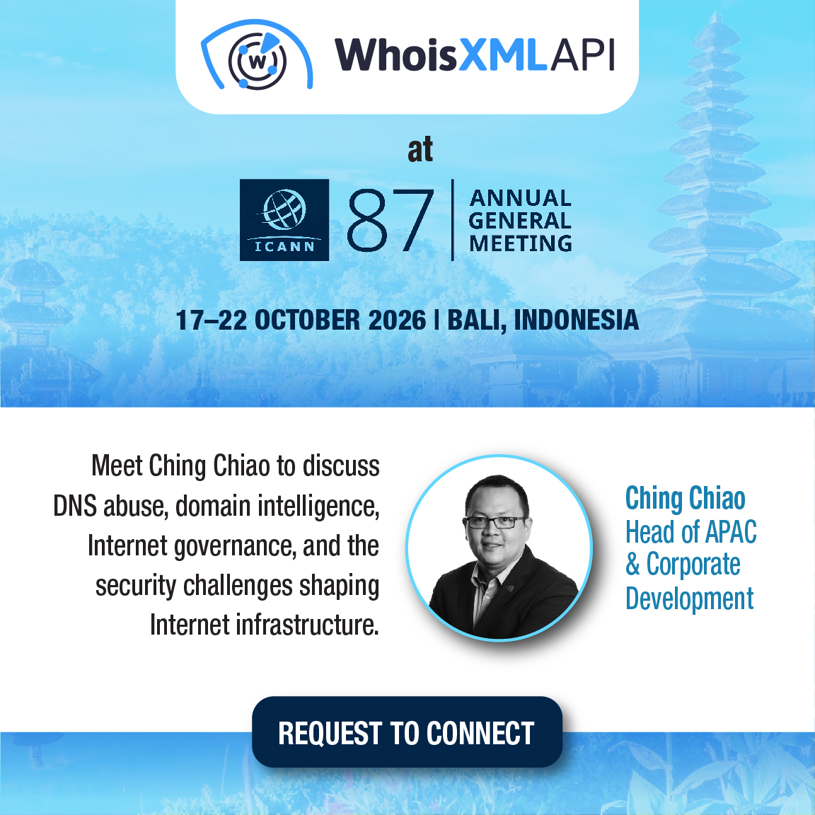 whoisxmlapi's tweet photo. The Internet doesn’t govern itself — its naming systems, policies, and security are shaped in rooms like #ICANN87, and WhoisXML API will be in Bali for the conversations that move them forward.

Connect with Ching at @ICANN87: https://t.co/C18NxnWiPe

#ICANN #InternetGovernance #DomainNames #ThreatIntelligence