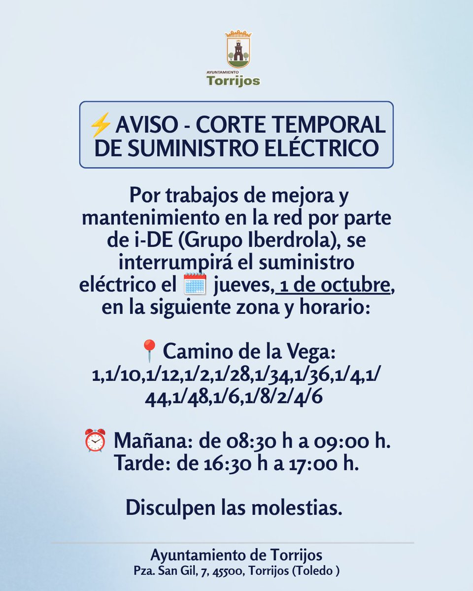 AytoTorrijos's tweet photo. ⚡️𝐀𝐯𝐢𝐬𝐨 | 𝐂𝐨𝐫𝐭𝐞 𝐭𝐞𝐦𝐩𝐨𝐫𝐚𝐥 𝐝𝐞 𝐬𝐮𝐦𝐢𝐧𝐢𝐬𝐭𝐫𝐨 𝐞𝐥𝐞́𝐜𝐭𝐫𝐢𝐜𝐨
Disculpen las molestias.
#Torrijos #CorteDeLuz #Iberdrola https://t.co/W5MUMNpdCv
