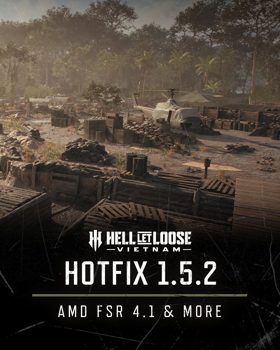 hell_let_loose's tweet photo. 🛠️ Hotfix 1.5.2 is live now on all platforms!

This hotfix brings the much-requested AMD FSR 4.1 support, alongside further fixes and improvements across Hell Let Loose: Vietnam:
🔸 AMD FSR 4.1 support
🔸 Improvements to VOIP, stability, servers and spawn structures
🔸 Additional fixes for PS5 save data and affected tree visuals

Important Note: PC Players
❗ Allow shader caching to fully complete after updating.
❗ Reset your video settings to default following 1.5.2 to allow the game to recalibrate correctly.

🔗 Read the full Hotfix 1.5.2 notes: https://t.co/iDjS5KGgiG

#HellLetLooseVietnam #HellLetLoose #Hotfix #AMD #FSR