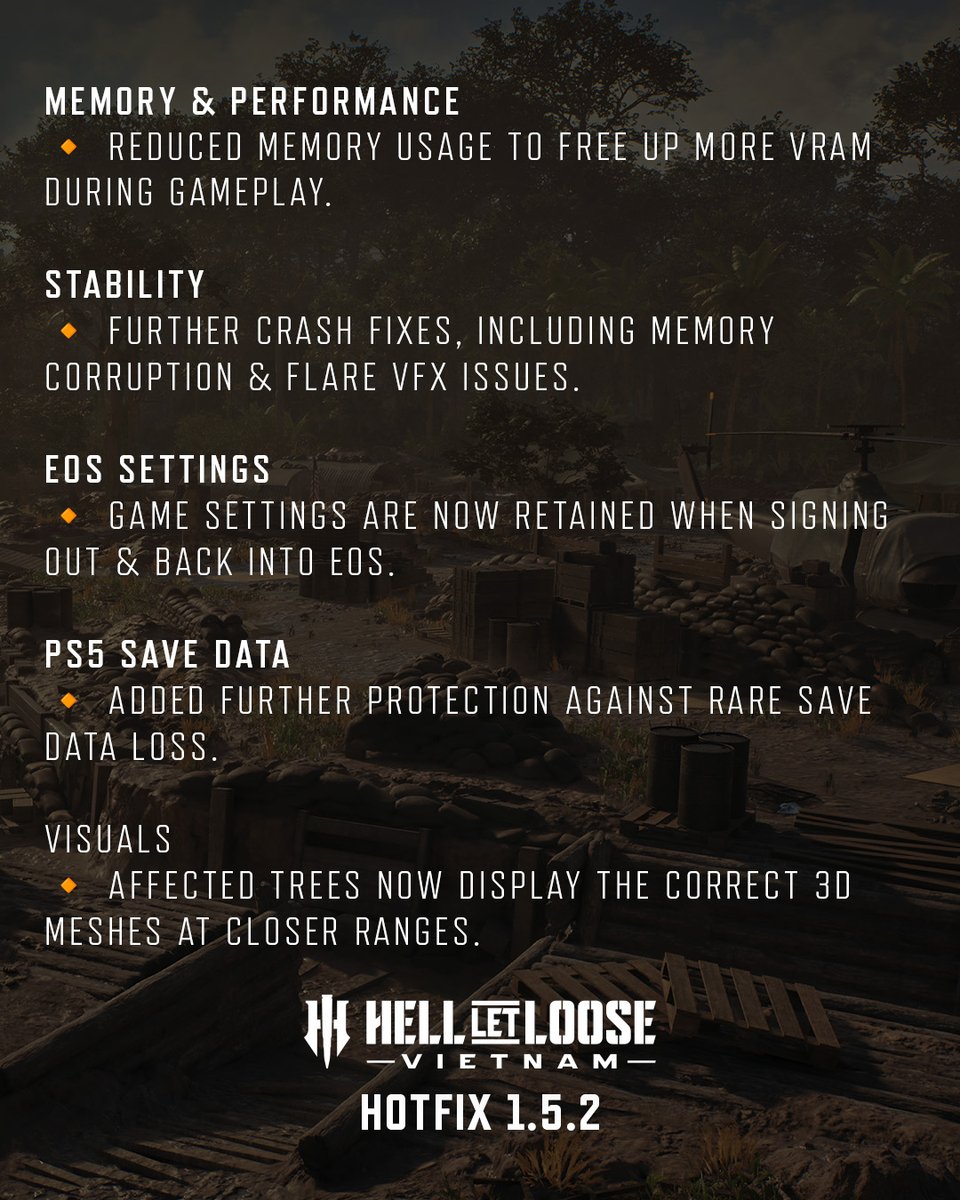 hell_let_loose's tweet photo. 🛠️ Hotfix 1.5.2 is live now on all platforms!

This hotfix brings the much-requested AMD FSR 4.1 support, alongside further fixes and improvements across Hell Let Loose: Vietnam:
🔸 AMD FSR 4.1 support
🔸 Improvements to VOIP, stability, servers and spawn structures
🔸 Additional fixes for PS5 save data and affected tree visuals

Important Note: PC Players
❗ Allow shader caching to fully complete after updating.
❗ Reset your video settings to default following 1.5.2 to allow the game to recalibrate correctly.

🔗 Read the full Hotfix 1.5.2 notes: https://t.co/iDjS5KGgiG

#HellLetLooseVietnam #HellLetLoose #Hotfix #AMD #FSR