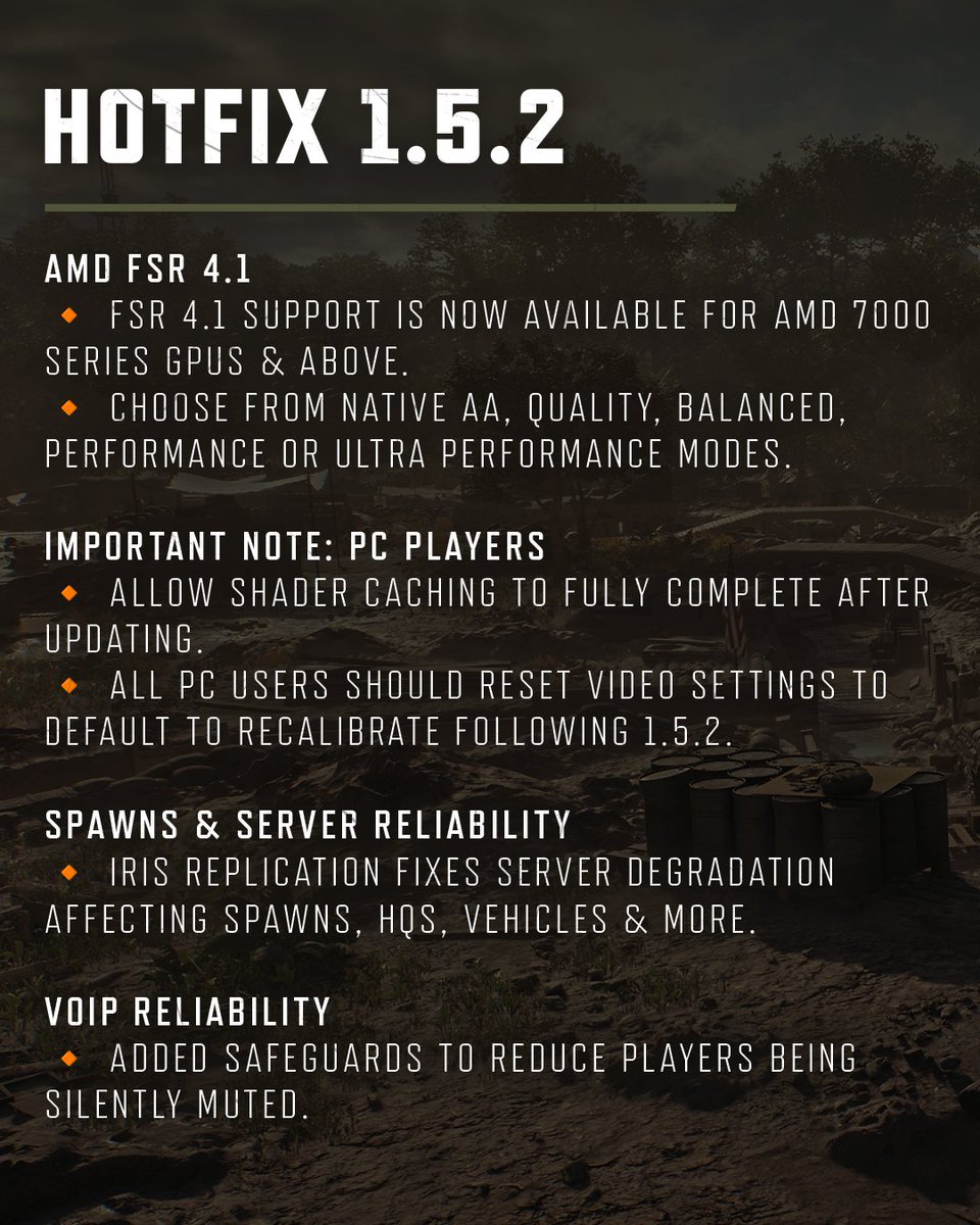 hell_let_loose's tweet photo. 🛠️ Hotfix 1.5.2 is live now on all platforms!

This hotfix brings the much-requested AMD FSR 4.1 support, alongside further fixes and improvements across Hell Let Loose: Vietnam:
🔸 AMD FSR 4.1 support
🔸 Improvements to VOIP, stability, servers and spawn structures
🔸 Additional fixes for PS5 save data and affected tree visuals

Important Note: PC Players
❗ Allow shader caching to fully complete after updating.
❗ Reset your video settings to default following 1.5.2 to allow the game to recalibrate correctly.

🔗 Read the full Hotfix 1.5.2 notes: https://t.co/iDjS5KGgiG

#HellLetLooseVietnam #HellLetLoose #Hotfix #AMD #FSR