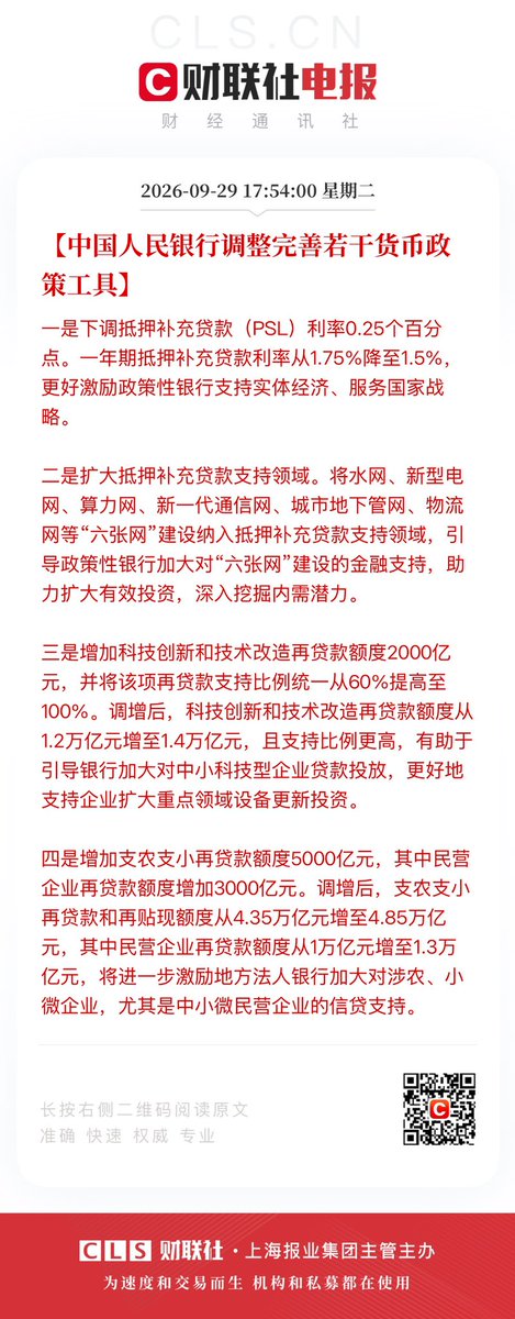 tuolaji2024's tweet photo. 下午传闻科技和房地产贴息，果然应验了，央行给特定领域定向压低资金成本，本质是宽信用加结构性宽松。

最大边际受益方：科技成长（再贷款支持比例翻倍叠加额度增加）和基建链（水利、电网、地下管网、物流）

A 股太先知了，真的是要砸死你才给利好，依旧是祖训优先，偷跑半个月的事了。 https://t.co/WnBpjmJ86l
