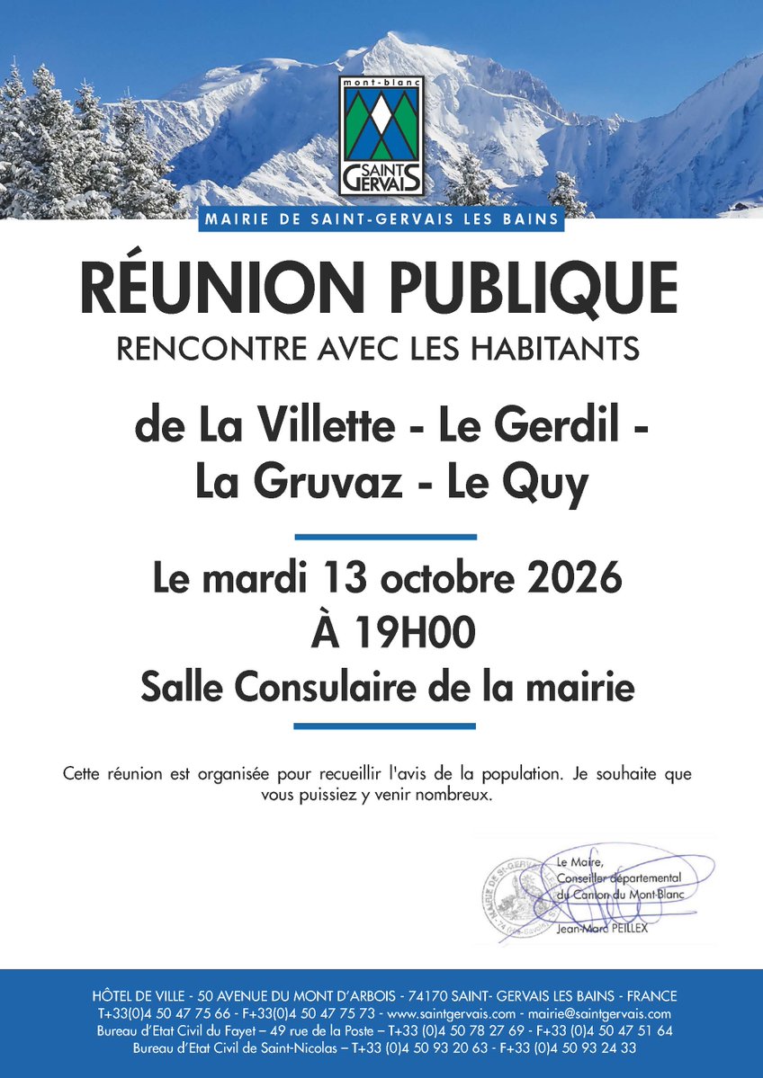 Saint_Gervais's tweet photo. [RÉUNION PUBLIQUE 📣]
Quartiers de La Villette, Le Gerdil, La Gruvaz et Le Quy

📍 Saint-Gervais 
🏢 Salle Consulaire de la mairie 
🗓️ Mardi 13 octobre 2026
🕖 19h00 https://t.co/j4pgH9nf4f