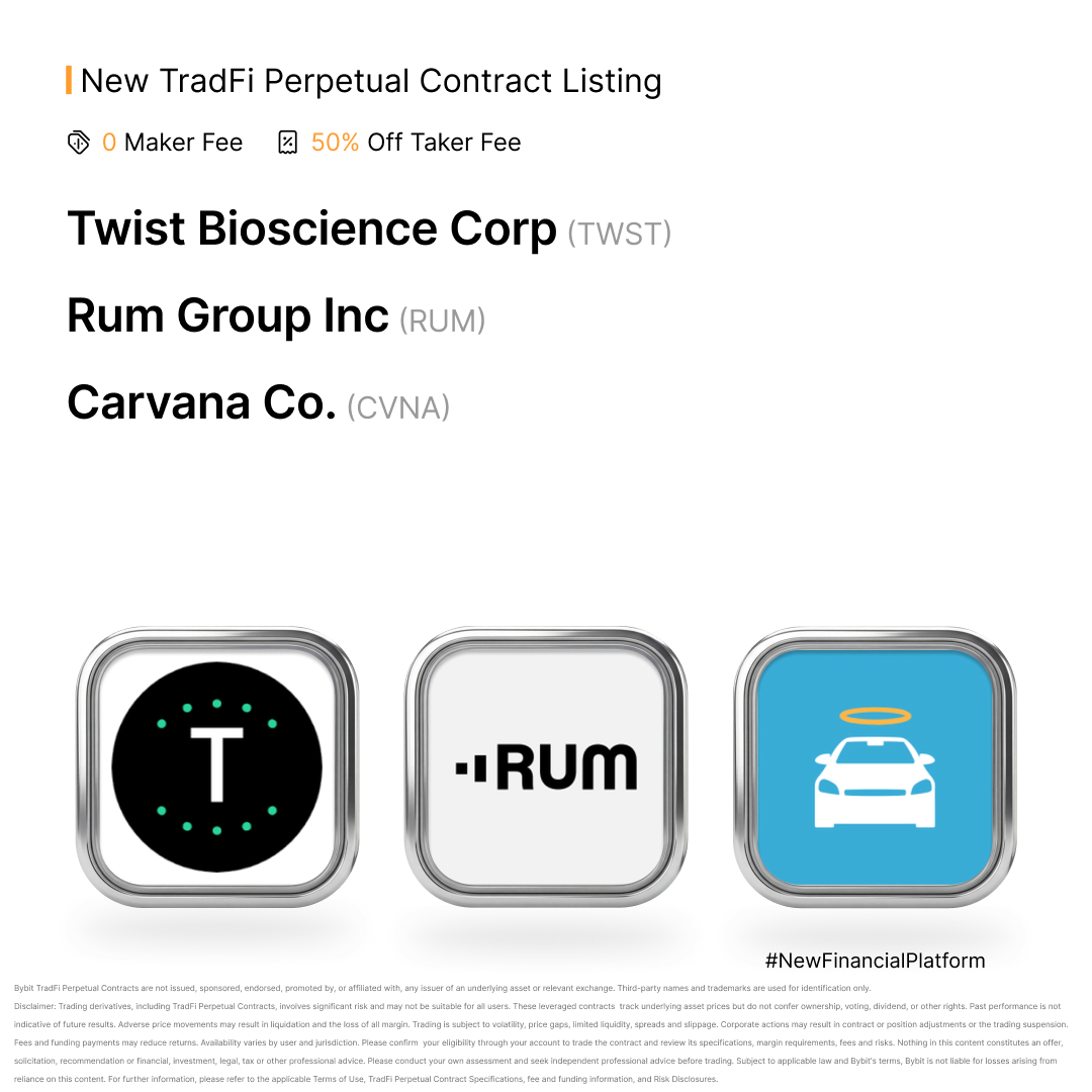 BybitPlus's tweet photo. New TradFi Perpetual Contract listings: $TWSTUSDT, $RUMUSDT and $CVNAUSDT are now live on Bybit! 🚀 

Trade $TWST: https://t.co/QKNwIis3ju
Trade $RUM: https://t.co/TuP5bGl7dZ
Trade $CVNA: https://t.co/hiLp6tVLjC

#Bybit #MakeYourMove https://t.co/58Luj8J8CK