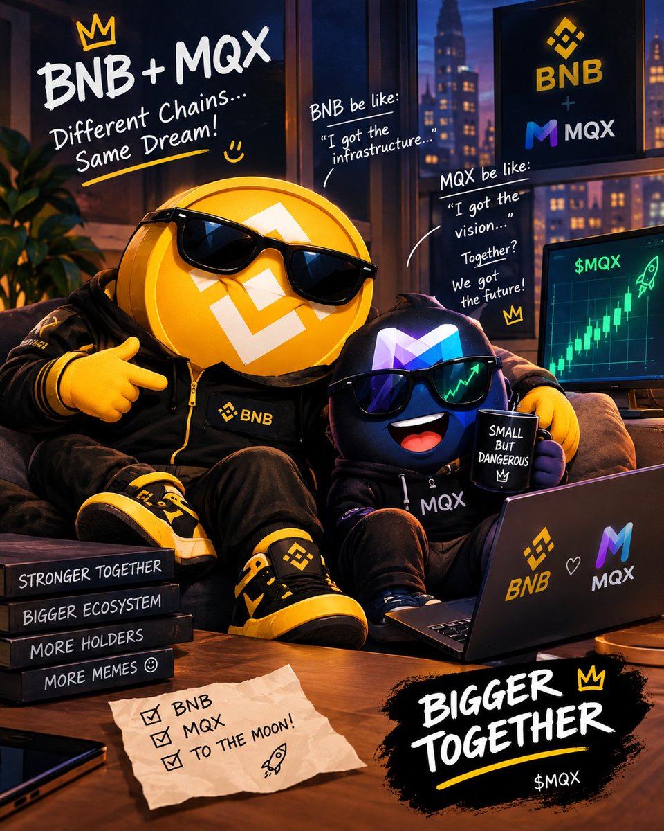 Arman_hasan37's tweet photo. BNB 🤝 MQX

One brings the power.
One brings the vision.
Together… they bring the chaos. 😂🔥

BNB: “You ready?”
MQX: “Bro, I was born ready.” 😎🚀

Let’s build the empire. 🫡

$MQX https://t.co/HsRQ6JzLum