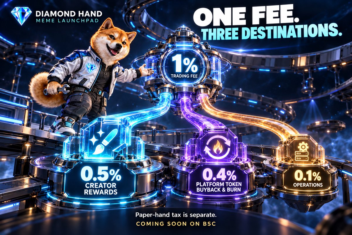 DMNDHAND_HQ's tweet photo. One fee. Three clear destinations. 💎
Diamond Hand's 1% trading fee:
0.5% → Creator rewards
0.4% → Platform token buyback &amp; burn
0.1% → Operations
Paper-hand tax is separate.
Coming soon on BSC.
#DiamondHand #MemeLaunchpad https://t.co/9fDdSmxP7s