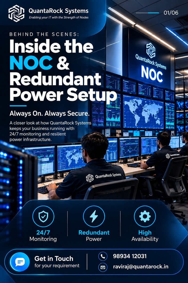 QuantaRock's tweet photo. Behind every reliable IT environment is an infrastructure built to stay ready.
At QuantaRock Systems, we focus on the infrastructure that keeps critical IT environments monitored, available, secure, and resilient.#QuantaRockSystems #ITInfrastructure #NOC #DataCentre b https://t.co/Xa3f7wtjaJ