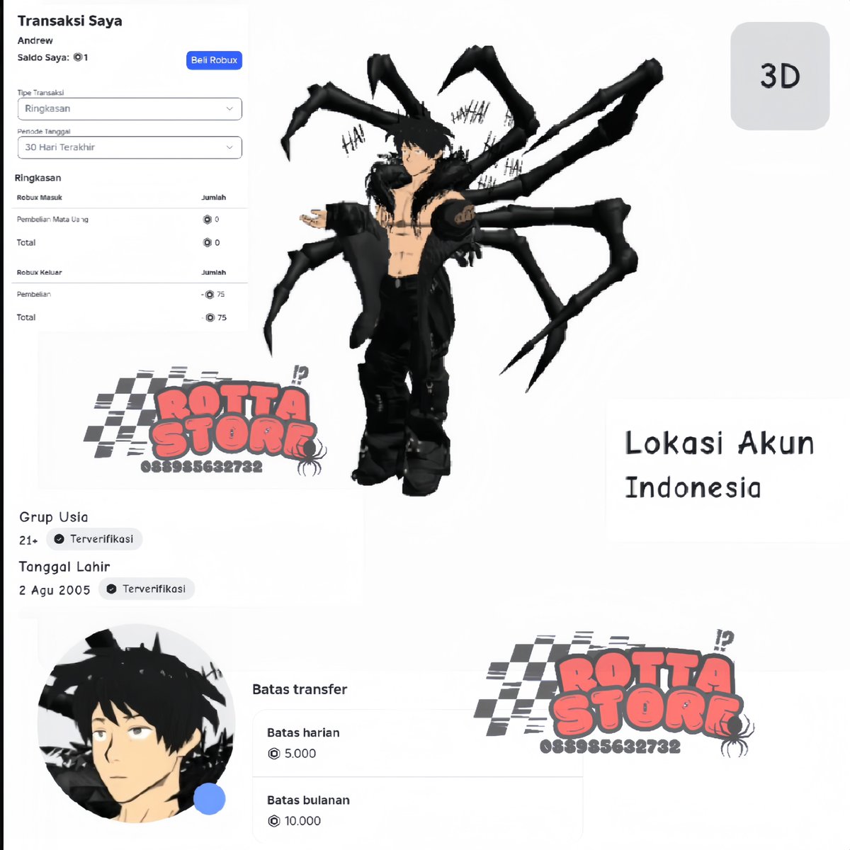 rovtta's tweet photo. wts acc roblox  ִ ࣪✮🕷

𒁍 limit 5kr/d, 10kr/m
𒁍 age 21+, bisa langsung send robux (can reset)
𒁍 hold dari tanggal 28 sep
𒁍 datver emailku, bisa ce
𒁍 region indonesia
𒁍 inven mayan
𒁍 price :: 27.000
𒁍 good game : unchek

#zonauang wts acc roblox🕷 https://t.co/ZalB1npaic