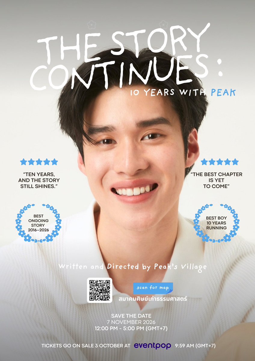 peak_village's tweet photo. "The Story Continues: 10 Years with Peak"
มาร่วมเป็นส่วนหนึ่งในวันสำคัญของพีคกันนะคะ 🩵✨ 

📅 วันเสาร์ที่ 7 พฤศจิกายน 2569
⏰ เวลา 12:00 – 17:00 น.
📍 สมาคมศิษย์เก่าธรรมศาสตร์
https://t.co/vQ6Pg0NLCH

🎟️ เปิดกดบัตรวันเสาร์ที่ 3 ตุลาคม 2569
⏰ เวลา 09.59 น. ทาง eventpop
🪑​ 400​ ที่นั่ง
💵 ราคาบัตร 849 บาท 

#10YearswithPEAK
#peakpeemapol #พีคภีมพล