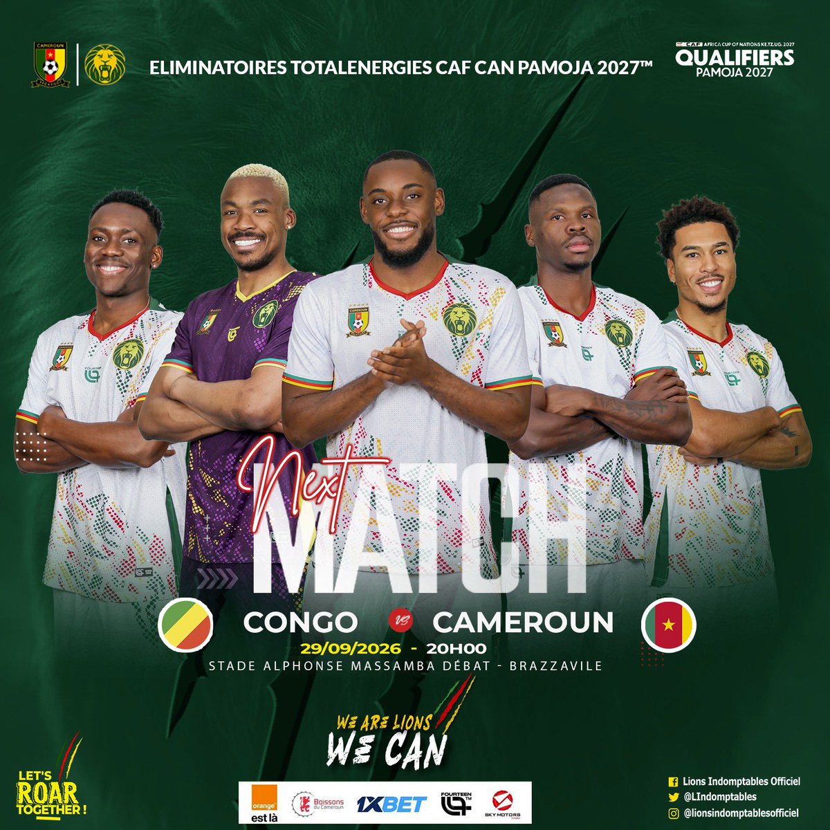 LIndomptables's tweet photo. 🔴🔴⚽️🔥 #MATCHDAY
#CONGO 🇨🇬 🆚 🇨🇲 #CAMEROUN
📆 29/09/2026
⏰ 20H00
🏟️ Stade Alphonse Massamba- Débat
📍 Brazzaville - Congo
#CANTOTALENERGIES2027Q |
#CONCMR | #GOLIONS | #ALLEZLESLIONS | #LETSROARTOGETHER | #INDOMPTABLES | https://t.co/D6C3kpUEjb