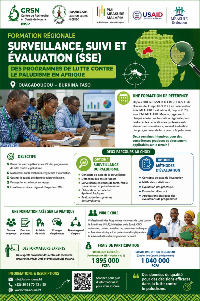 CRSNNouna's tweet photo. Cours régional francophone en Surveillance, Suivi et Évaluation (SSE) des Programmes de Lutte contre le Paludisme. Du 2 au 13 Novembre 2026 , Ouagadougou/Burkina Faso
https://t.co/YEv7WXxk9h
@ZeroPaludisme @MedsforMalaria @ZeroMalaria @malariacorpsbf @PATHtweets @wawass21 https://t.co/ENxe0WhbqR