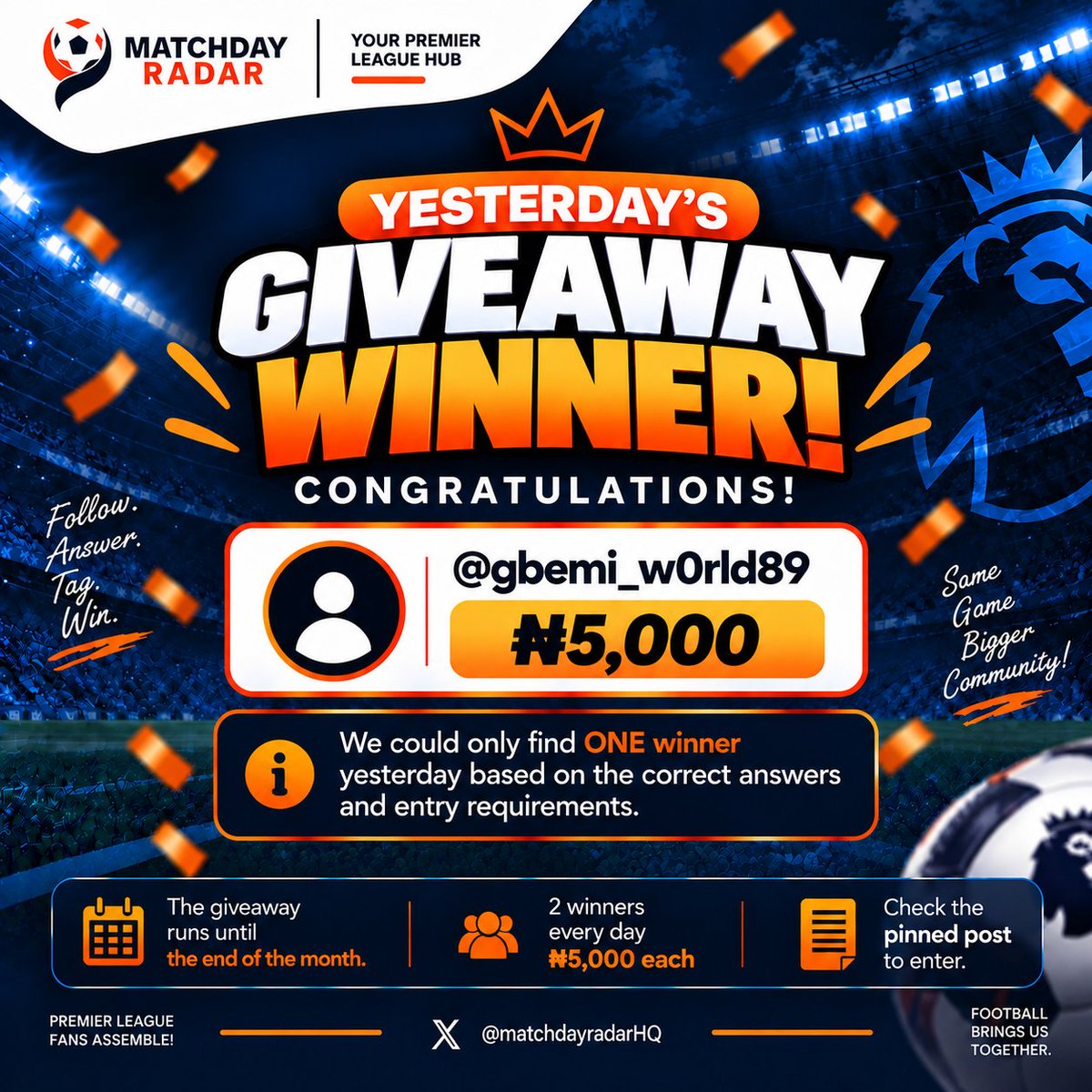 matchdayradarHQ's tweet photo. 🏆 YESTERDAY’S GIVEAWAY WINNER! 

Congratulations @gbemi_w0rld89! 

💰 ₦5,000 is yours!

Didn’t win? 
Today’s giveaway is your chance! 

#MatchDayRadar #Giveaway https://t.co/T6n7r0aqmO