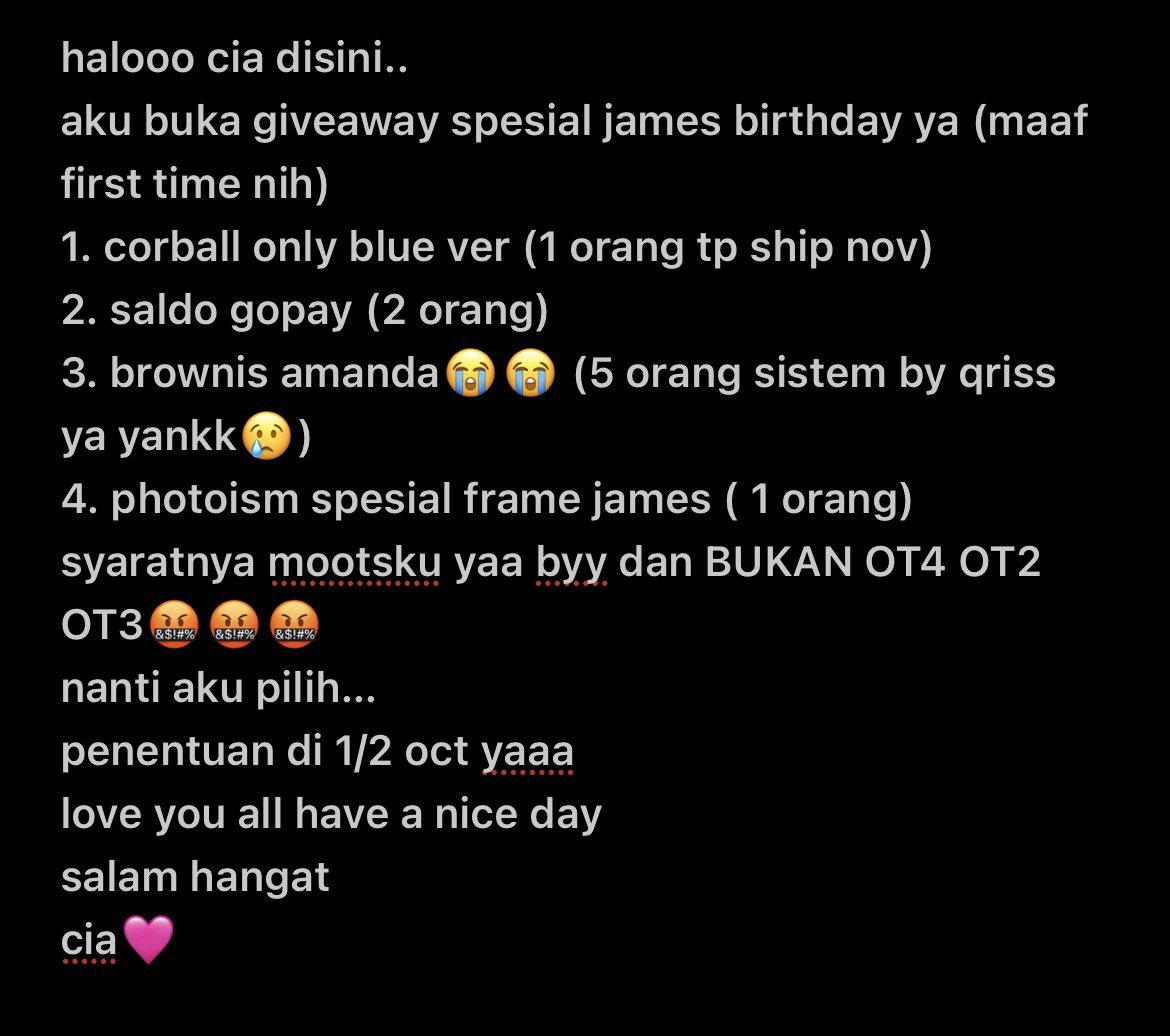jjuuciiia's tweet photo. spesial james birthday byy
komen aja yaa kalian mau opsi mana
1 orang 1 pilihan yaa love
smoga berkah
aamiin
(bakso sedap nih) https://t.co/GH0dweFNa2