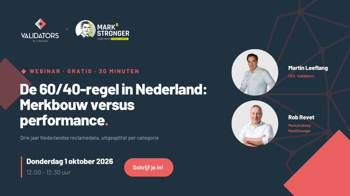Validators's tweet photo. Nederlandse adverteerders investeerden 20% te weinig in branding.

Een opvallend cijfer. Want hoeveel budget zou je eigenlijk in merkbouw moeten steken? En verschilt die optimale verdeling per branche?

Schrijf je in voor het webinar op 1 oktober:
https://t.co/24ufshWGbh https://t.co/JqlPf2EcZG