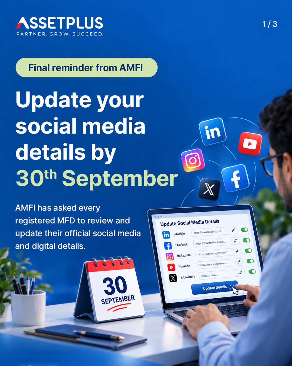 AssetPlusApp's tweet photo. 30 September 2026 is the deadline. Have you checked your digital details yet?

For MFDs, keeping your official digital presence updated helps investors find and verify the right channels when they need you. AMFI has issued a final reminder for registered MFDs to complete the required updates.

Check your details and complete the process before the deadline.

#MutualFunds #MFD #AMFI #SEBI #InvestorAwareness #AssetPlus