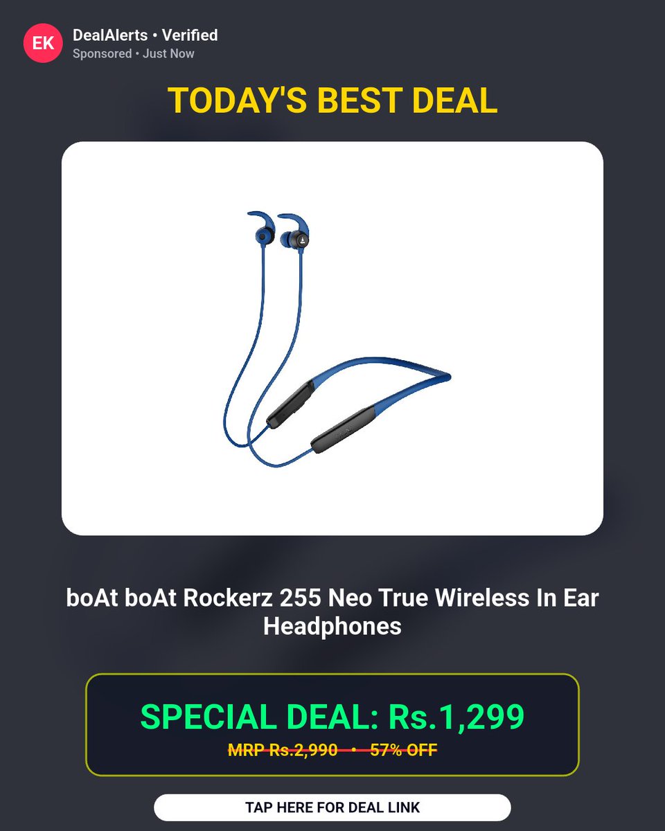 BanotaRajesh's tweet photo. Lowest price we've seen so far. boAt Rockerz 255 Neo TWS Earbuds Now ₹1299

Rs.1299 (was Rs.2990)

Buy Now: https://t.co/wCzbMon49B

#boAt #Rockerz255Neo #TWS #Headphones #Myntra https://t.co/lj0e4XdEXT