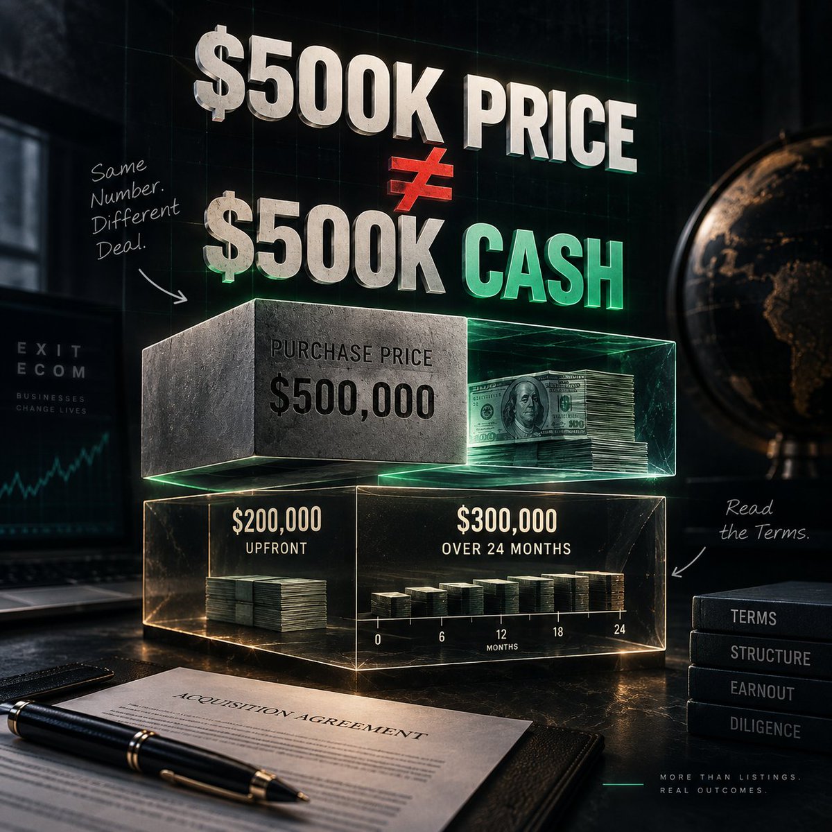ExitEcom's tweet photo. LISTEN TO ME
SELLER FINANCING IS NOT FREE MONEY.

A buyer says:
“I'll pay you $500K.”
Sounds good.

Then you read the terms.

$200K upfront.
$300K over 24 months.

And suddenly that $500K headline means something VERY different.

BECAUSE TERMS MATTER. https://t.co/dVE7cSVOZm