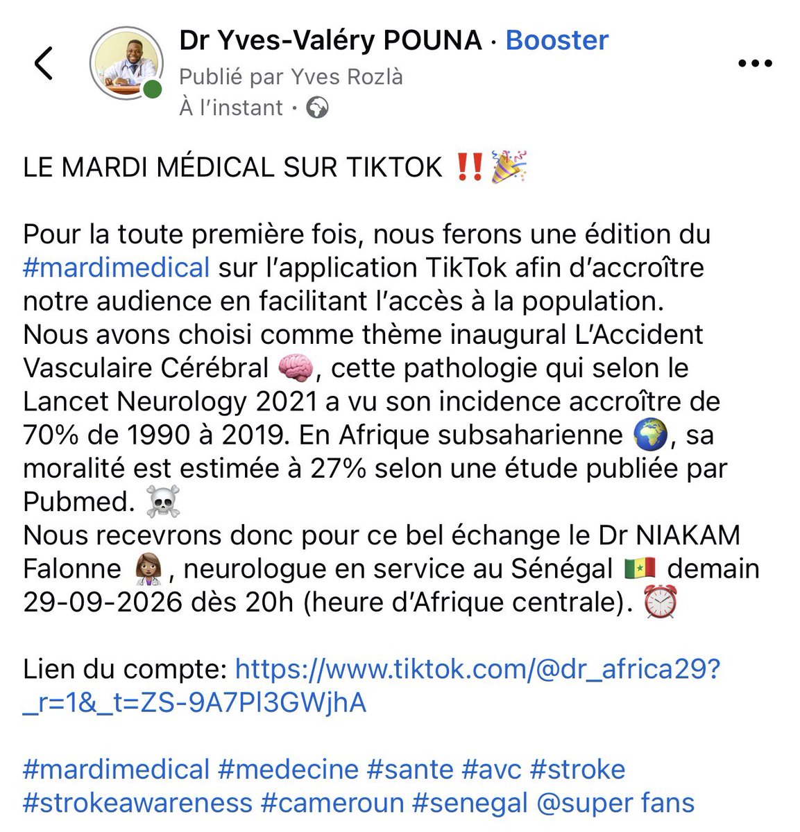 YvesValry1's tweet photo. LE MARDI MÉDICAL SUR TIKTOK 🎉

Ce soir, 20h (heure d’Afrique centrale), nous parlerons de l’AVC via le compte TikTok suivant: https://t.co/z6htlVATbs https://t.co/wWOJ83HI5X