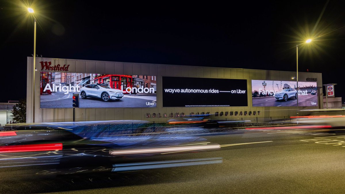 wayve_ai's tweet photo. A tad futuristic... Our London launch with @Uber, up in bright lights all across the city. ✨

Tag us when you spot Wayve in the wild! 👀📸 https://t.co/Hu6NjZ6Z19