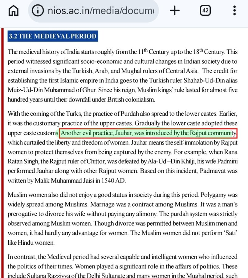 SwayamTewari's tweet photo. Thank you Neha Ji for this horrible expose. 
Those who came in late, BJP's Ministry of Education, wants you to know that jauhar, the final act of valor by Rajput women during the siege of Muslim armies, was an evil practice - see screenshot! 
Evil practice...as in halala of Muslims... 
I am horrified at the utter stupidity/ lack of sensitivity/ deracination of Ministry of Education's NIOSover jauhar. 

But I am not over yet. 

Folks, do you know Padmini did not commit jauhar as this NIOS chapter claims? Yes, The proud Rajput queen of Ratan Singh did not commit jauhar. 

Rather, she burnt herself to death after Raval Ratan Singh died in a duel with another Rajput! Yes, see the second screenshot!

So, NIOS people aren't just stupid, they are ignorant as hell but who cares about our education going to dogs? 
@Unreservedsatya @SilpiTivari
