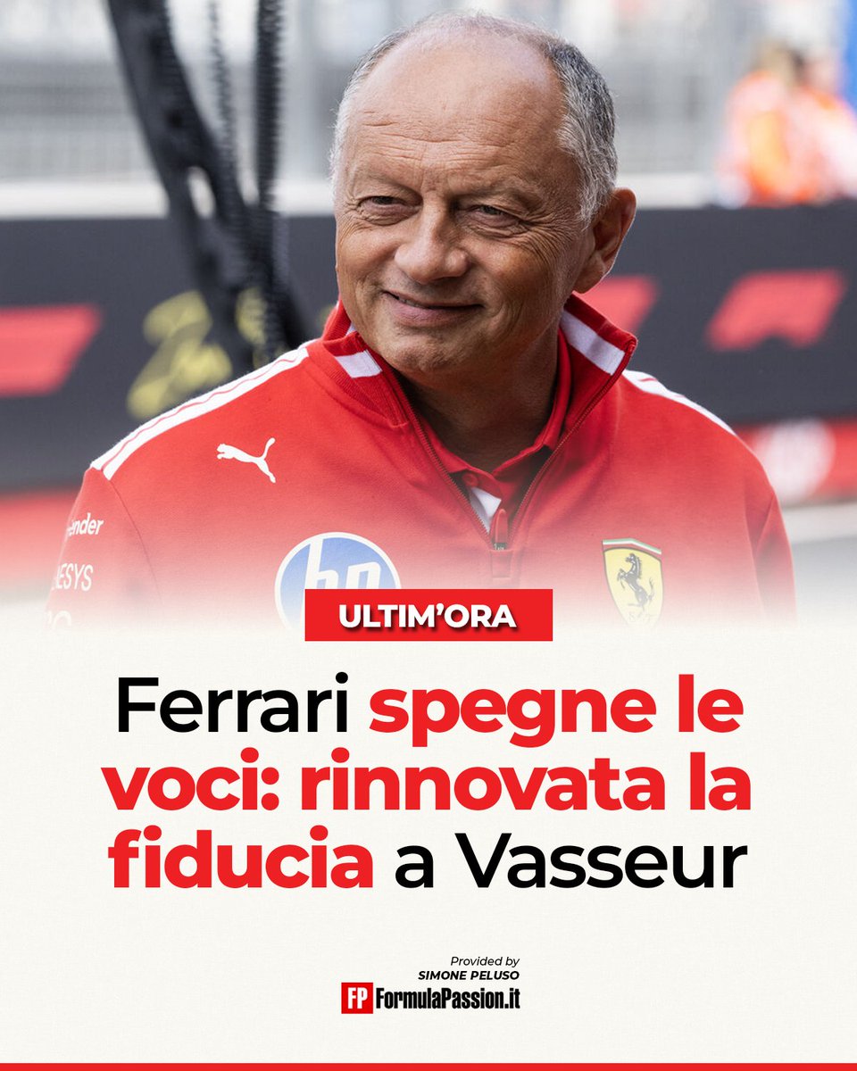 PelusoF1's tweet photo. 🚨 FERRARI, FIDUCIA CONFERMATA A VASSEUR

🔴 Dopo le voci sul futuro del team principal e le dichiarazioni di Christian Horner, la Ferrari prende posizione: la fiducia in Frédéric Vasseur e nella sua squadra «c’era e continua a esserci».

🗣️ Maranello ribadisce che le proprie scelte non sono cambiate. Una risposta alle indiscrezioni degli ultimi giorni, che Vasseur aveva definito fonte di frustrazione anche per il lavoro del team.

#F1 #Ferrari