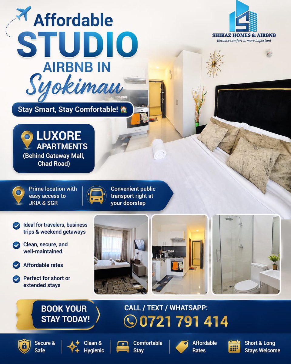 One172152095428's tweet photo. Comfort, convenience and a great location! ๐ก Book your studio at Luxore Apartments, Syokimau today. ๐ 0721 791 414 #GoDigitalNaRobisearch https://t.co/pvPWUZCZcu