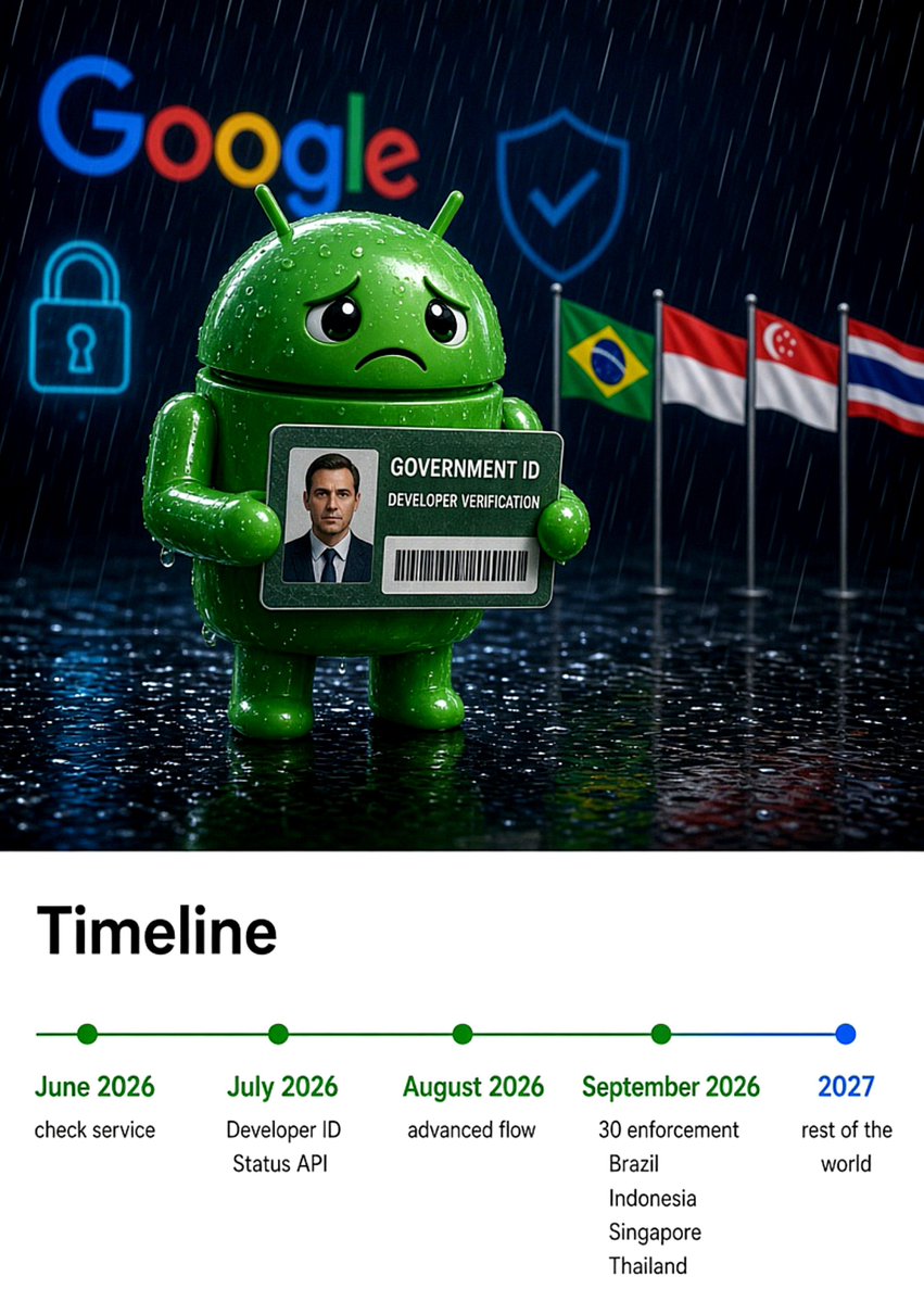 KuptoKosmos's tweet photo. ⛔ Demain, Google commence à bloquer les apps Android non enregistrées

Sur un Android certifié, une app ne s’installe plus si le développeur n’est pas enregistré chez Google

Play Store ou pas. Y compris l’APK que tu poses toi-même

Ce que l’enregistrement exige :

➡️ Une pièce d’identité
➡️ Un paiement
➡️ Les conditions Google
➡️ La preuve de la clé de signature
➡️ La liste des noms de paquets, maintenant et plus tard

Première vague : 30 septembre 2026
🪪 Brésil
🪪 Indonésie
🪪 Singapour
🪪 Thaïlande

Le reste du monde : 2027

Google vend ça comme de la lutte contre le malware

Résultat... un outil privacy écrit par un volontaire n’a plus le droit d’exister par défaut. Il doit d’abord se déclarer, se nommer, déposer sa clé

Le "advanced flow" n’est pas une porte ouverte

Mode développeur
Sept appuis sur le numéro de build
Toggle caché
Écran qui te dit que tu prends un risque

Bref... Ce n’est plus installer un logiciel. C’est demander une dérogation !

F-Droid et les stores alternatifs restent dans le flou

GrapheneOS, Calyx, Lineage sont hors du programme de certification Google, donc hors de ce filet (tant que tu n’es pas sur un build stock Samsung / Pixel / marque certifiée)

Aujourd'hui c’est un annuaire d’identités branché sur le droit d’installer un programme.

Demain, Session, Briar, un fork Signal, un client Tor ou un wallet hors liste ne passeront plus "parce que le code est public"... Ils passeront si Google a le nom du mainteneur 👁️

#Privacy #Google #Android
