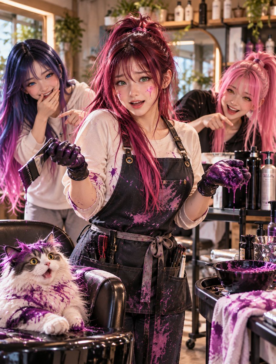 AikoLinLab's tweet photo. 🧪 EXPERIMENT #151

Su’s first day in the Lab.

One hair-color experiment.
One tiny mistake.
One VERY purple salon. 💜

Cheat would like to file a formal complaint. 🐱😂

#AikosLab #AikoLin #SuRan #HairFail #AIArt https://t.co/XUthM5Rq1K
