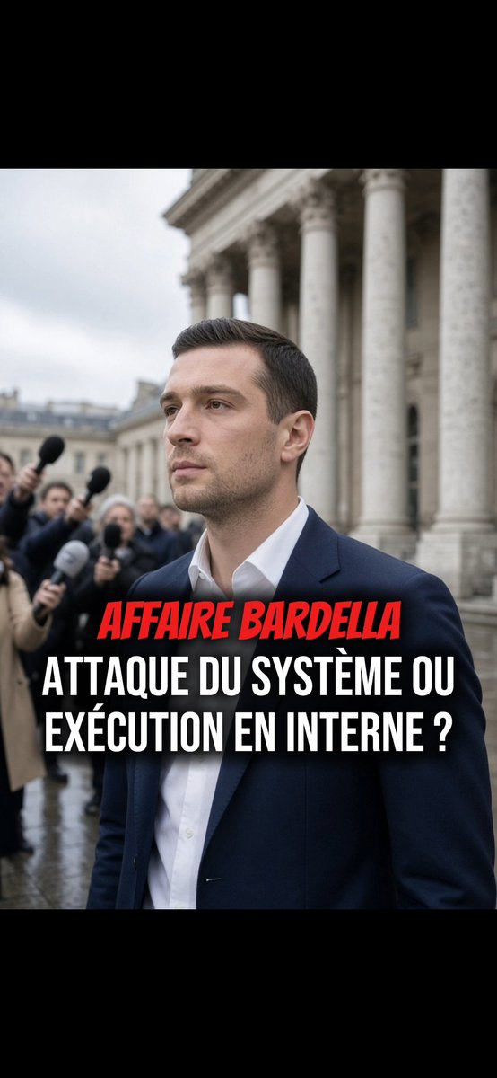 Fr_Travaille's tweet photo. AFFAIRE BARDELLA !
Attaque du système ou exécution en interne ?

​Mediapart sort des messages attribués à Bardella (17 ans à l'époque). Faux grossier d'après lui, enquête béton d'après le journal. Mais au-delà des mots, le timing interpelle. Deux scénarios secouent déjà les réseaux.

​1. Le missile anti-RN
Le timing est chirurgical : au lendemain des sénatoriales, en pleine dynamique. Méthode Fillon ? On sort un dossier vieux de 13 ans pour étouffer les victoires du week-end et casser la machine à sept mois de l'échéance.

​2. La balle tirée depuis la maison
C'est la thèse qui monte : une fuite interne. Un ancien du parti, une fédération, un clan rétif à la dédiabolisation qui veut recadrer (ou flinguer) un dauphin devenu trop puissant. Sébastien Chenu parle lui-même de « comptes à régler ». Mediapart n'aurait été que la boîte aux lettres.

​Alors, l'establishment qui panique ou la vieille garde qui tranche dans le vif ?
​Tant que les pièces ne sont pas publiques, la vraie question n'est pas ce qu'il a écrit à 17 ans. 
C'est : qui a intérêt à le sortir aujourd'hui et pour couler qui ?