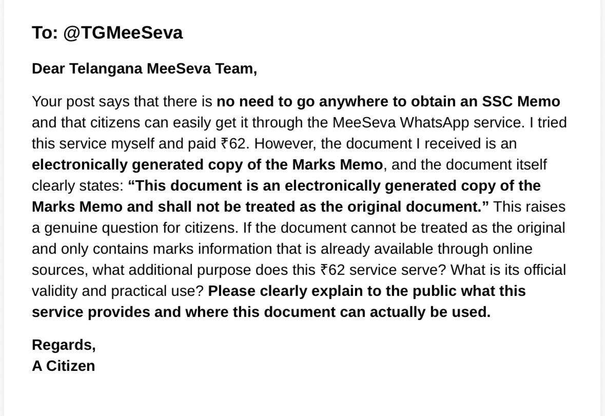 shubhakarreddys's tweet photo. @TGMeeSeva Your new WhatsApp service offers an SSC Memo for ₹62. I tried it, but the e-copy says “shall not be treated as the original document.” Marks are already online for free. So what is the actual use of this service? Please clarify!(Images attached) #MeeSeva #SSCMemo https://t.co/gnXbjP2w6K