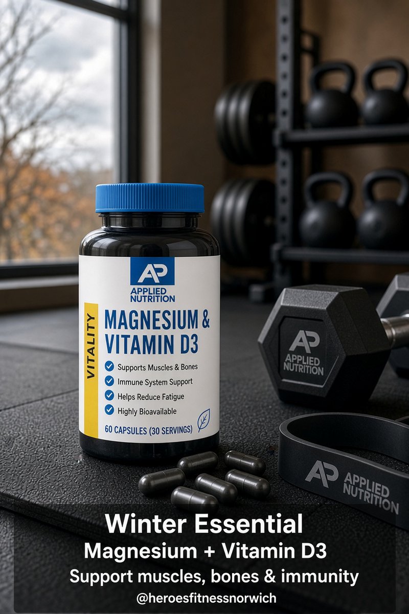HeroesNorwich's tweet photo. 🍂 Darker days = lower Vitamin D
Magnesium + D3 is your winter essential
Muscles & bones
🛡️ Immune support
Fights fatigue
We only stock the best at @heroesfitnessnorwich
Applied Nutrition Magnesium & Vitamin D3
📍 Bridewell Alley, Norwich
#VitaminD3 #Magnesium #WinterWellness https://t.co/l1u6QoF9Hw