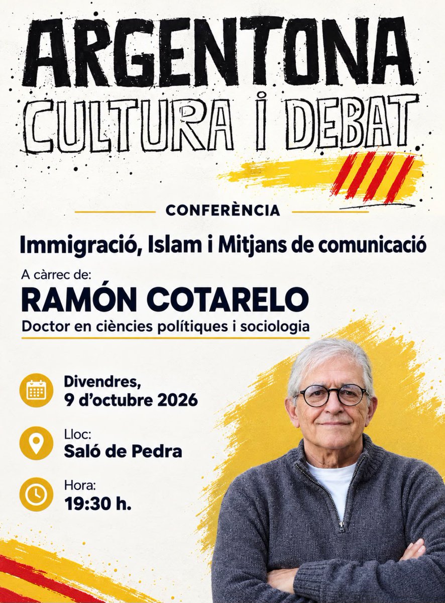 ramoncotarelo's tweet photo. El 9 d'octubr, a Argentona, per parlar del que està prohibit parlar a Catalunya: Immigració, islam, mitjans de comunicació i independència. https://t.co/y304b5GGrB
