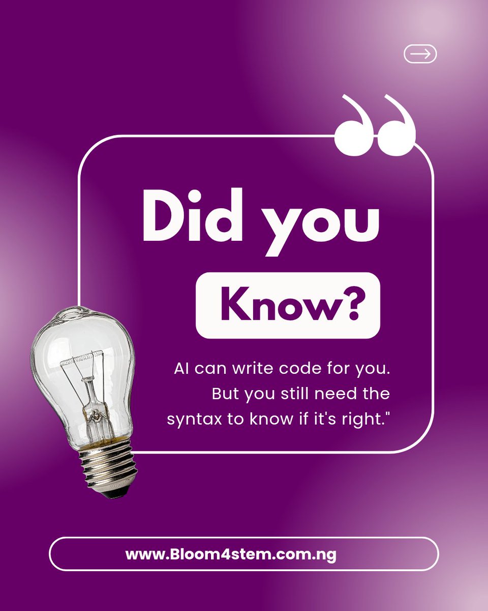 Bloom4STEM's tweet photo. In the era of AI ,  traditional coding is changing because AI can write codes instantly..

However learning the logic behind coding is vital because it helps you verify and debug the code AI hands you..
#ProgrammingTips https://t.co/gJHOP1TwEy