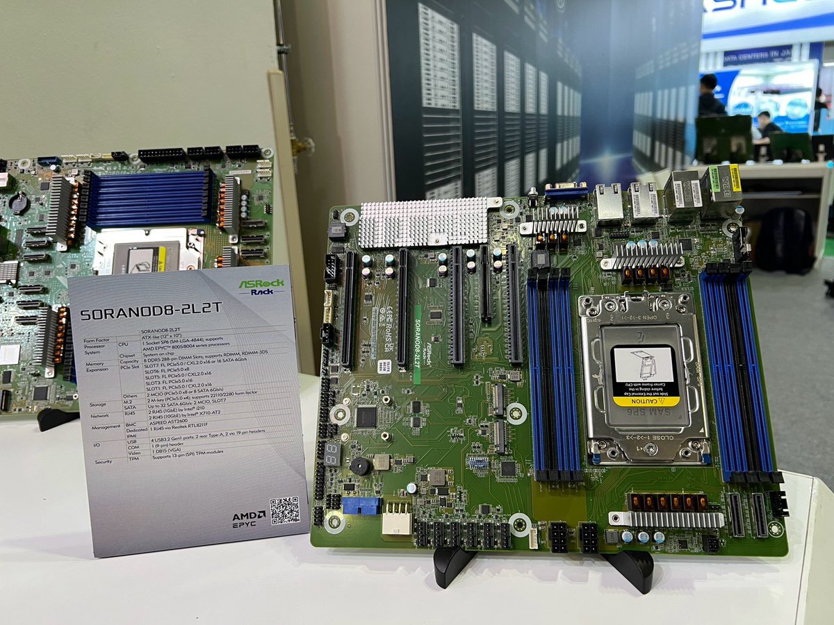 ASROCKRACK's tweet photo. We're live at DCW Asia! Stop by Booth L35 to explore our newest AMD-powered server lineup featuring:

💠 4U8G-TURIN2/RF 💠 VENICED16-2L+ 💠 SORANOD8-2L2T 💠 8U8M-TURIN2 SYN MI355X https://t.co/lVskkRvWsO