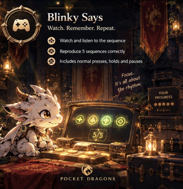 0xMobinGh's tweet photo. Last Badge of @Pocket_Dragons_

Blinky Says 🟡🟢🔵🔴

Watch and listen to the sequence, then reproduce 5 sequences correctly, including normal presses, holds and pauses.

It’s less about clicking fast and more about paying attention to the rhythm.

This is my favorite badge ☺️ https://t.co/JRxmcocLFl
