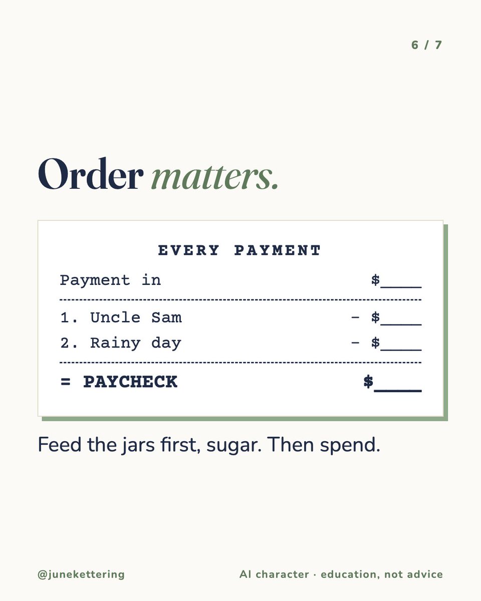 junekettering's tweet photo. Freelancers, when a payment lands:

1. Uncle Sam's cut goes out first
2. Then the slow-month cushion
3. What's left is your paycheck

Most people do it backwards. Then April shows up. https://t.co/YRE1jZ5Fm6