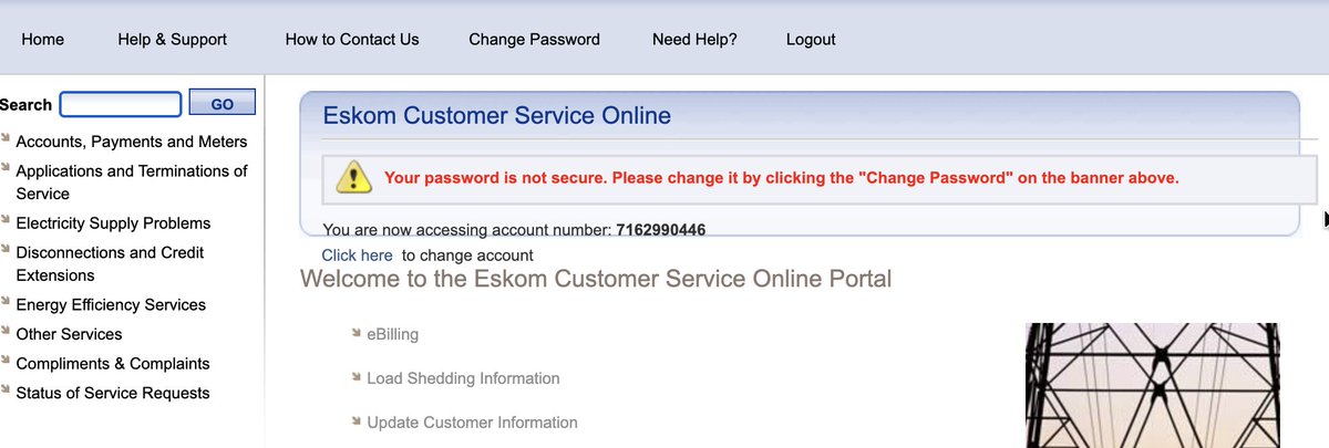 TimoSolo's tweet photo. I log in, and get a warning: "your password is not secure".. yeah I wonder why?! Because its stored by @Eskom_SA! https://t.co/ktPxM1QsHW