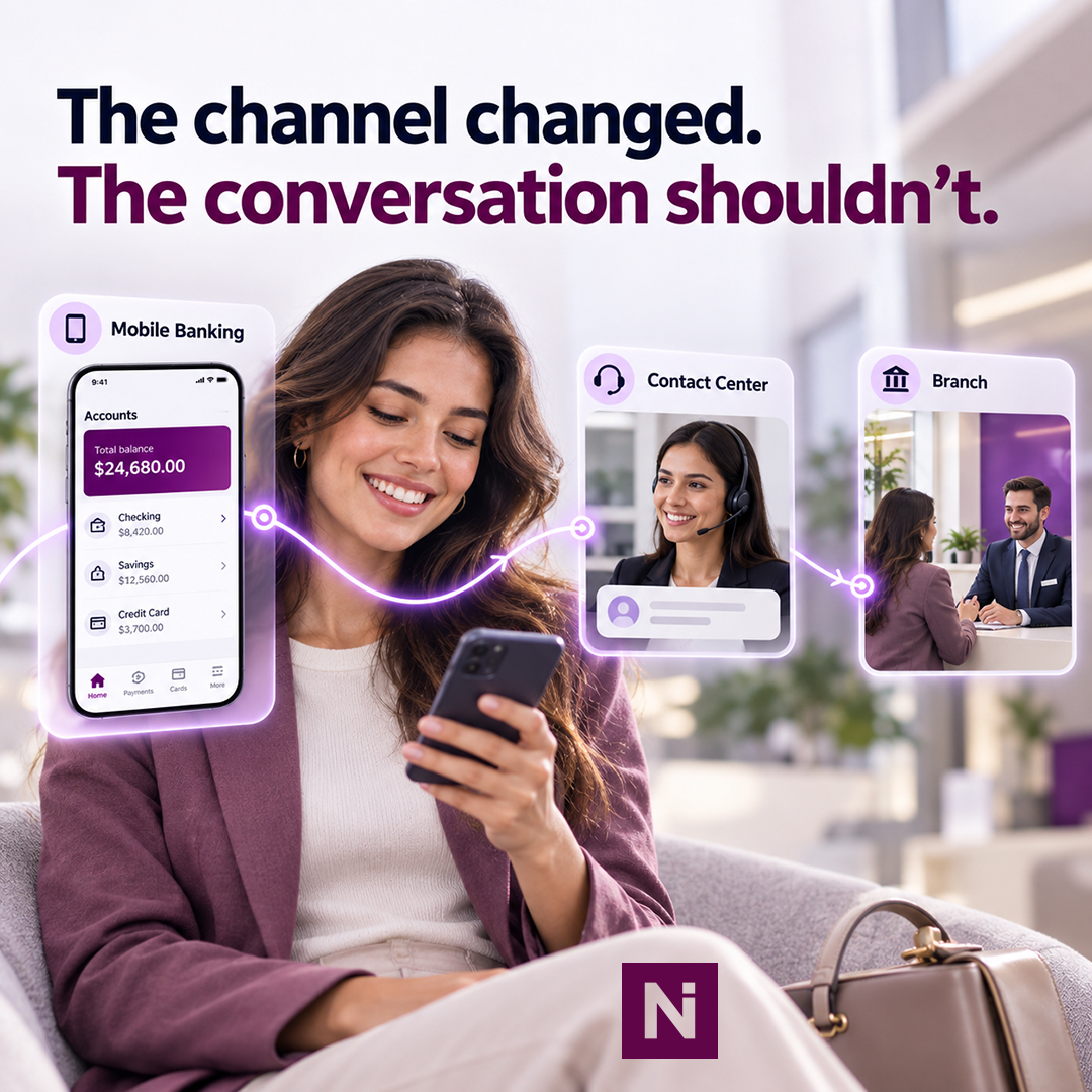 NetiksInt's tweet photo. A customer starts on mobile, calls support, then visits a branch.
Why should they have to start over?

One bank, not separate channels.

True #Omnichannel banking means carrying context across every interaction.

The channel changed. The conversation shouldn’t.

#DigitalBanking https://t.co/ZBYXSzG9r0