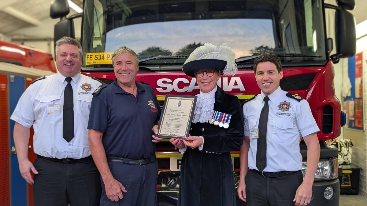 LeicsFireRescue's tweet photo. In the next few days one of our longest serving Firefighters, Roger Dumford, hangs up his PPE after more than 37 years. Roger, Watch Manager at Uppingham Station, was presented with an Award from the High Sheriff of Rutland Susannah Fish yesterday. Happy Retirement Roger! https://t.co/oFRuVy3tdj