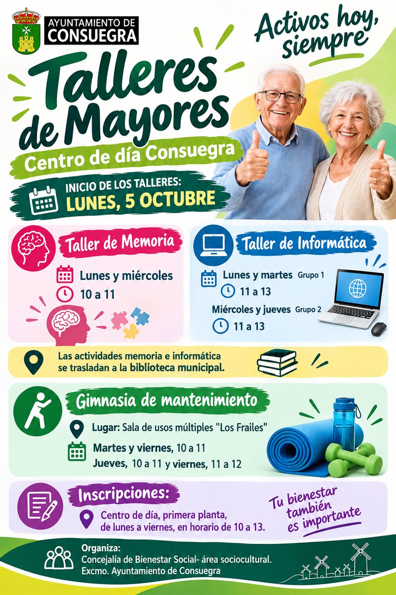 AytoConsuegra's tweet photo. ¡Llegan los Talleres de Mayores del Centro de Día de Consuegra! 👵👴

¡Te esperamos para seguir aprendiendo y compartiendo! 💙
👉🏻 https://t.co/M8zjXOygIK
#Consuegra #MayoresActivos #CentroDeDía #Bienestar #TalleresMayores https://t.co/8S36LixYmu