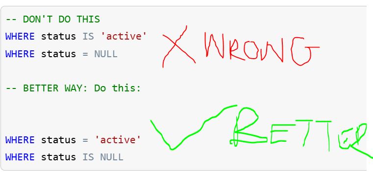 SQL Question: Explain why 'status=NULL' is not the right way to handle ...