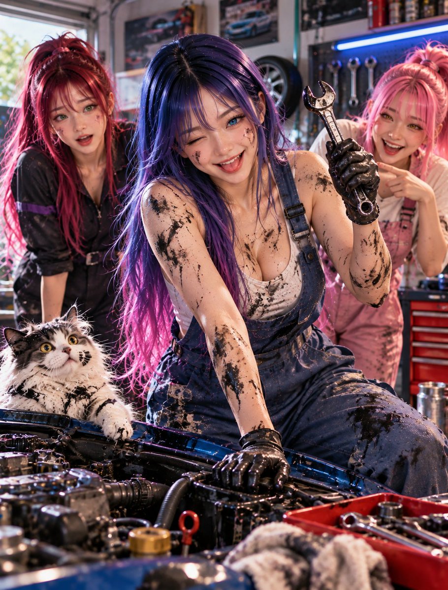 AikoLinLab's tweet photo. 🧪 EXPERIMENT #152

Aiko said she could fix the car.

Nobody asked if she actually knew how. 🔧😂

The engine survived.
Aiko’s clothes didn’t.
Cheat is reconsidering his life choices. 🐱

#AikosLab #AikoLin #GarageChaos #AIArt https://t.co/0Jbc9aw0rH